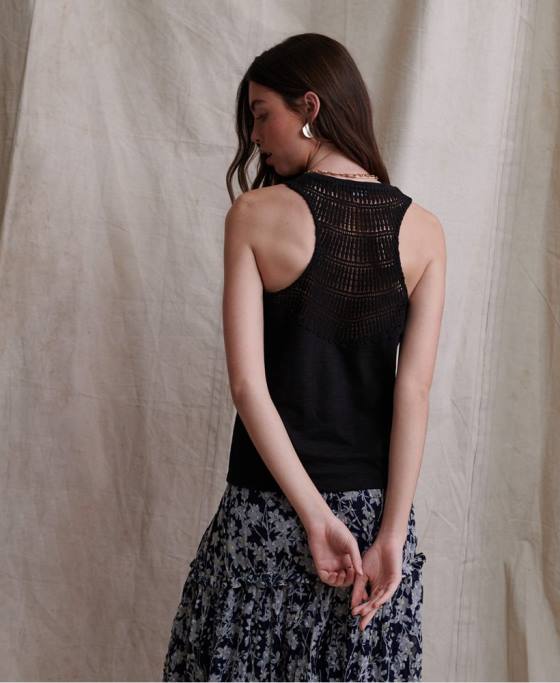 Superdry lily crochet insert vest top îmbrăcăminte negru femei JX0Z3084