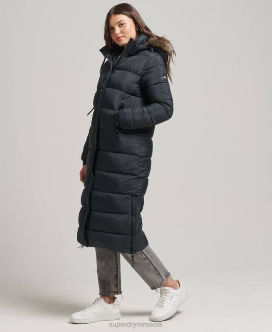 Superdry palton puf cu glugă din blană artificială îmbrăcăminte gri inchis femei JX0Z3660