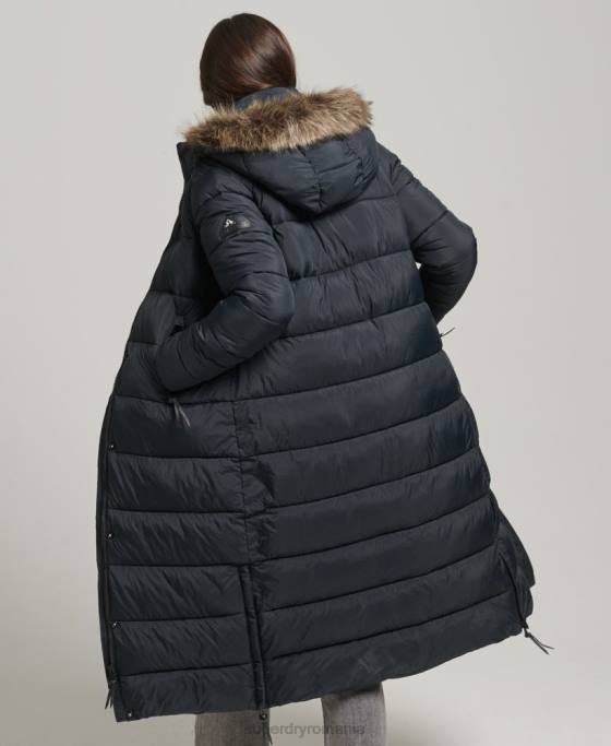 Superdry palton puf cu glugă din blană artificială îmbrăcăminte gri inchis femei JX0Z3660