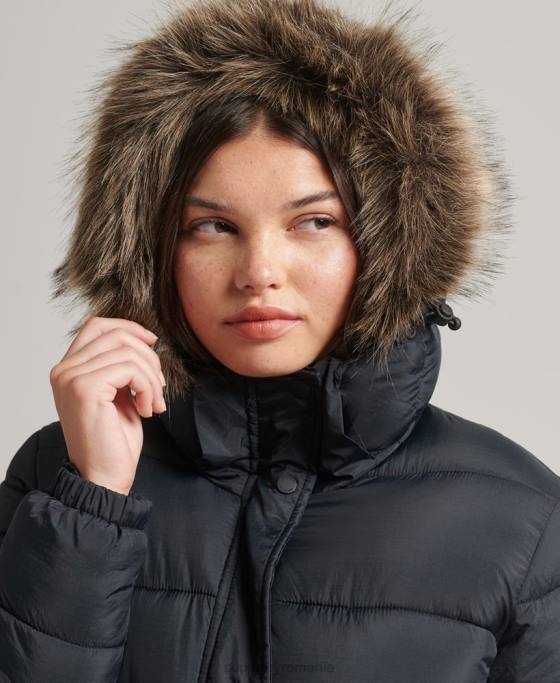 Superdry palton puf cu glugă din blană artificială îmbrăcăminte gri inchis femei JX0Z3660
