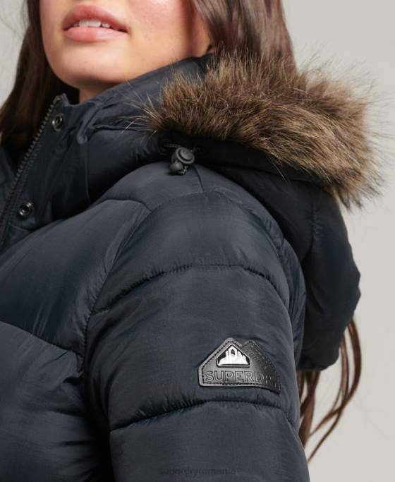 Superdry palton puf cu glugă din blană artificială îmbrăcăminte gri inchis femei JX0Z3660