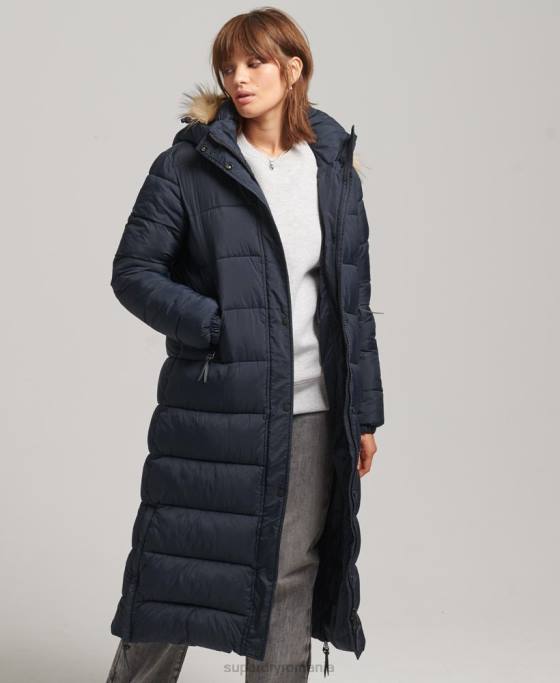 Superdry palton puf cu glugă din blană artificială îmbrăcăminte marina femei JX0Z3662