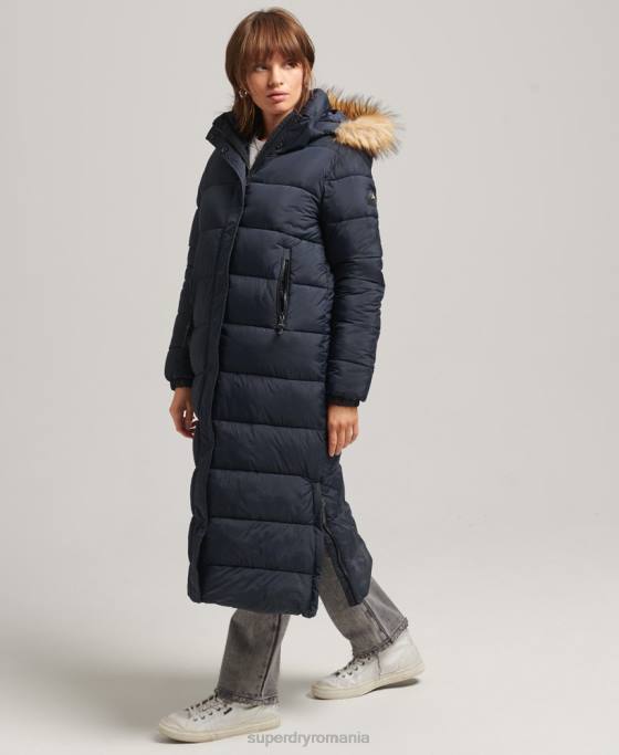 Superdry palton puf cu glugă din blană artificială îmbrăcăminte marina femei JX0Z3662