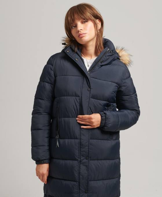 Superdry palton puf cu glugă din blană artificială îmbrăcăminte marina femei JX0Z3662