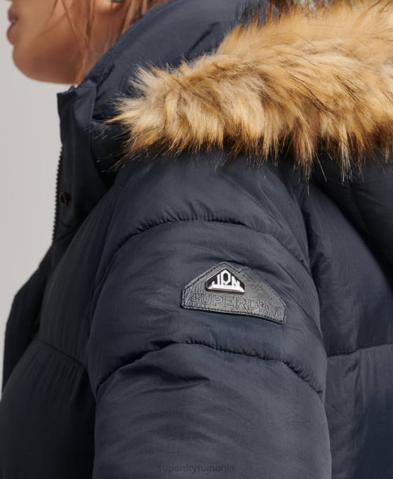 Superdry palton puf cu glugă din blană artificială îmbrăcăminte marina femei JX0Z3662