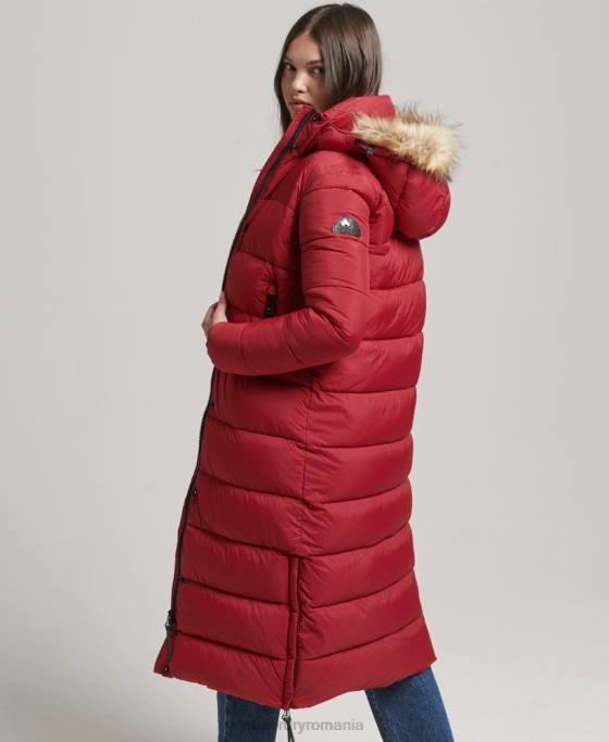Superdry palton puf cu glugă din blană artificială îmbrăcăminte roșu femei JX0Z3661