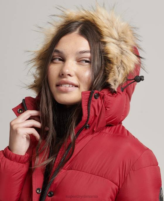 Superdry palton puf cu glugă din blană artificială îmbrăcăminte roșu femei JX0Z3661