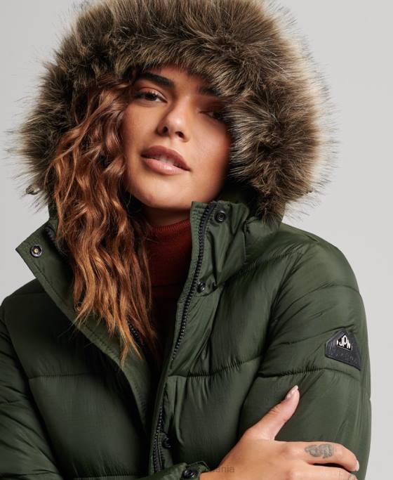 Superdry palton puf cu glugă din blană artificială îmbrăcăminte verde femei JX0Z3626