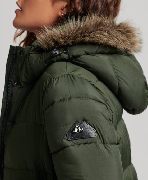 Superdry palton puf cu glugă din blană artificială îmbrăcăminte verde femei JX0Z3626