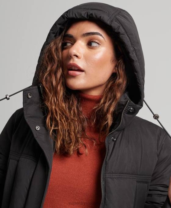 Superdry palton puf cu glugă din microfibră îmbrăcăminte negru femei JX0Z3823