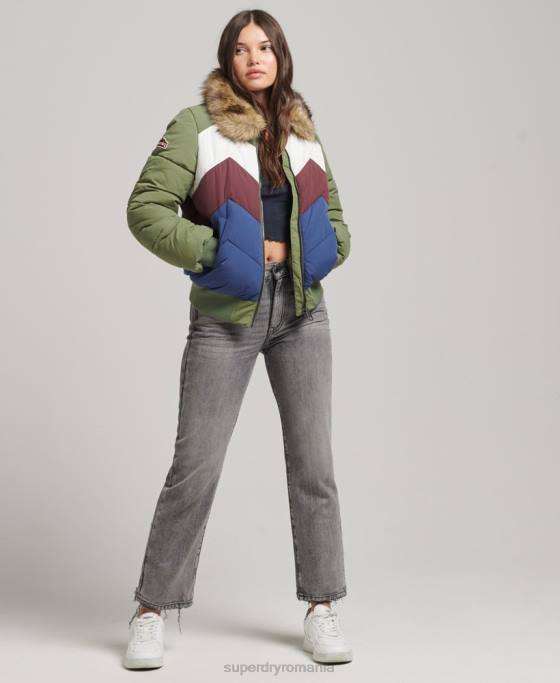 Superdry palton puf scurt cu panouri retro îmbrăcăminte verde femei JX0Z5457