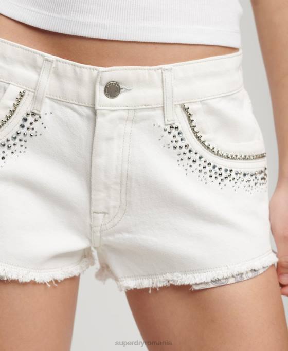 Superdry pantaloni scurți din denim împodobiți cu diamante îmbrăcăminte alb femei JX0Z3098