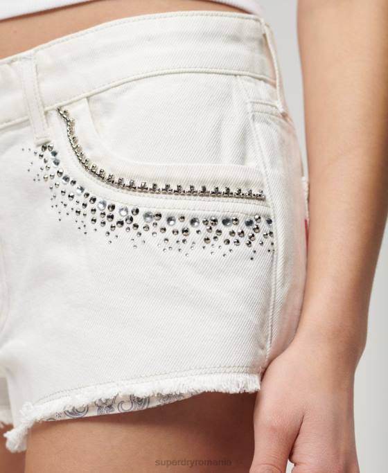 Superdry pantaloni scurți din denim împodobiți cu diamante îmbrăcăminte alb femei JX0Z3098