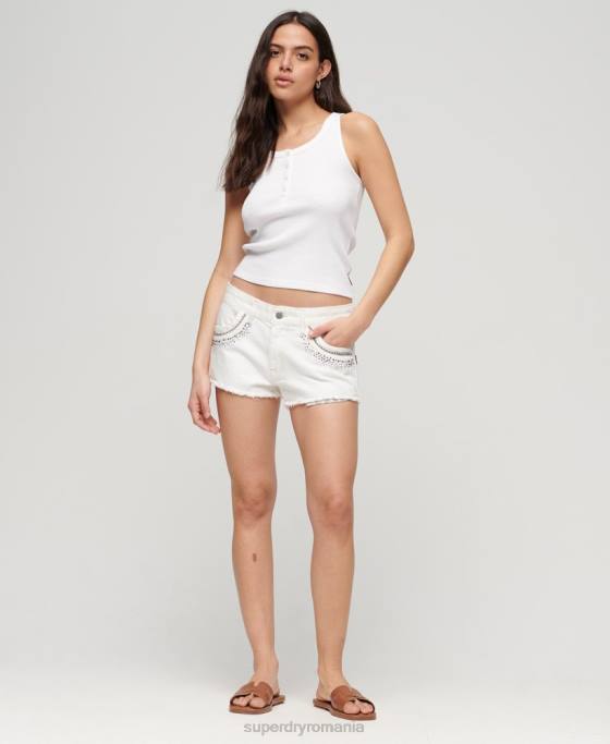 Superdry pantaloni scurți din denim împodobiți cu diamante îmbrăcăminte alb femei JX0Z3098