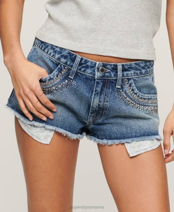 Superdry pantaloni scurți din denim împodobiți cu diamante îmbrăcăminte albastru femei JX0Z2090