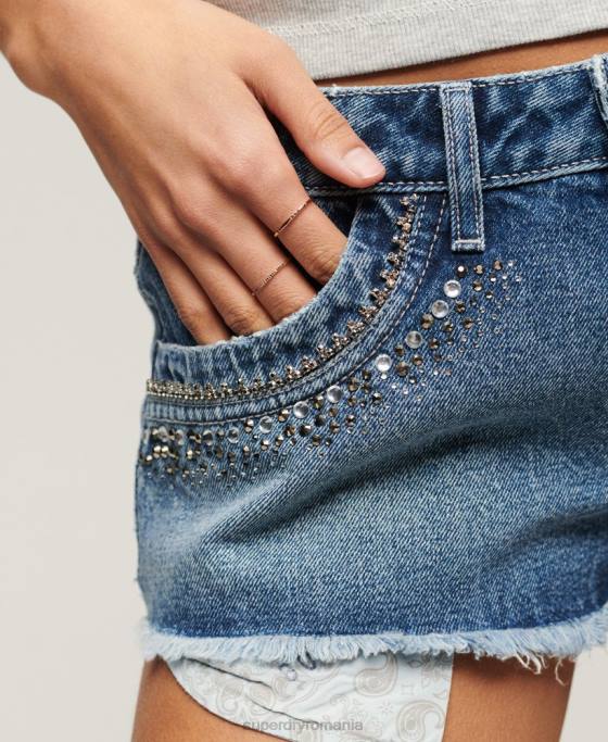 Superdry pantaloni scurți din denim împodobiți cu diamante îmbrăcăminte albastru femei JX0Z2090