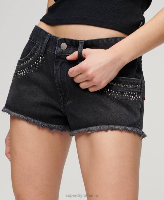 Superdry pantaloni scurți din denim împodobiți cu diamante îmbrăcăminte negru femei JX0Z3112