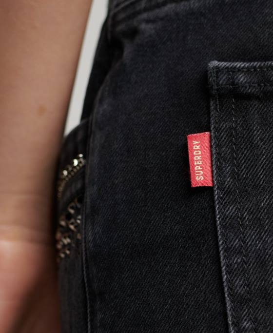 Superdry pantaloni scurți din denim împodobiți cu diamante îmbrăcăminte negru femei JX0Z3112