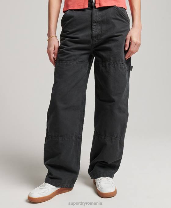 Superdry pantaloni vintage largi de dulgher din bumbac organic îmbrăcăminte gri inchis femei JX0Z2557