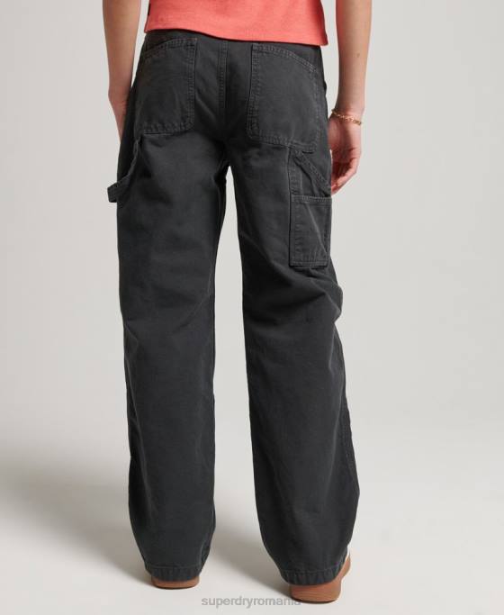 Superdry pantaloni vintage largi de dulgher din bumbac organic îmbrăcăminte gri inchis femei JX0Z2557