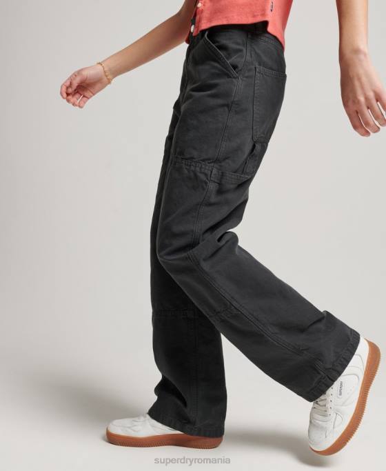Superdry pantaloni vintage largi de dulgher din bumbac organic îmbrăcăminte gri inchis femei JX0Z2557
