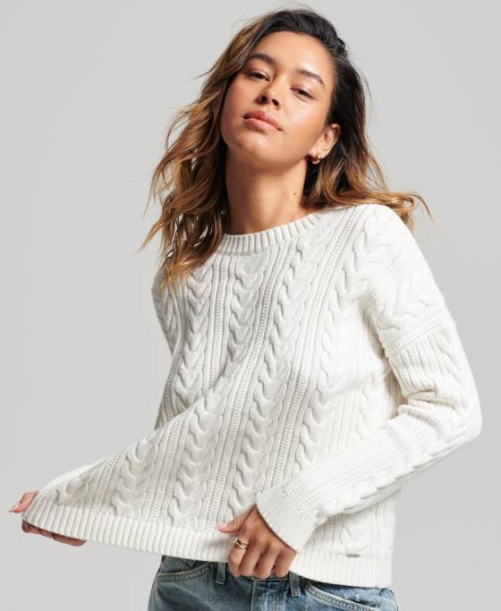 Superdry pulover cu umăr căzut tricot cu cablu cu gâtul opus îmbrăcăminte alb femei JX0Z3959