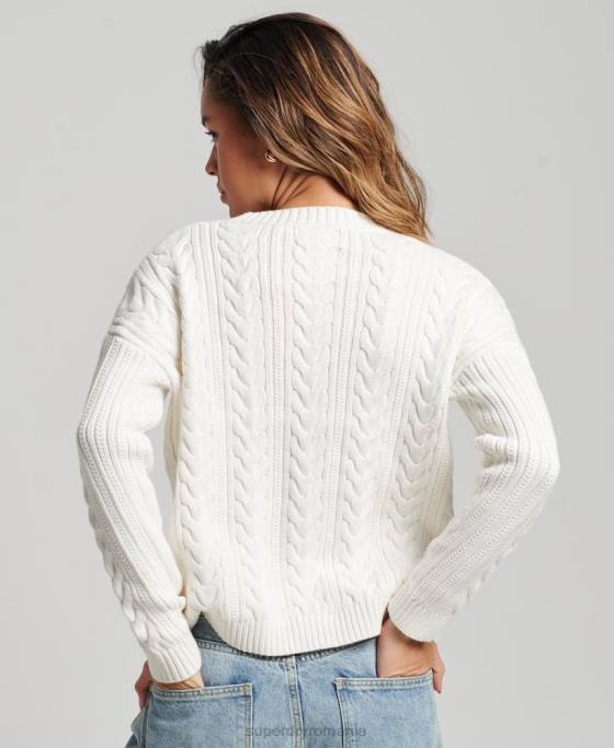 Superdry pulover cu umăr căzut tricot cu cablu cu gâtul opus îmbrăcăminte alb femei JX0Z3959