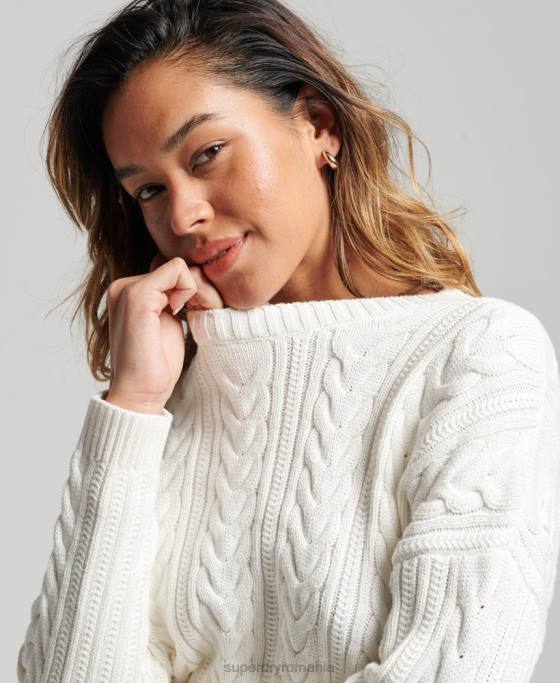 Superdry pulover cu umăr căzut tricot cu cablu cu gâtul opus îmbrăcăminte alb femei JX0Z3959