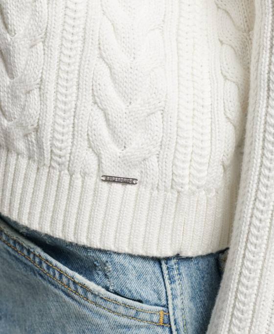 Superdry pulover cu umăr căzut tricot cu cablu cu gâtul opus îmbrăcăminte alb femei JX0Z3959