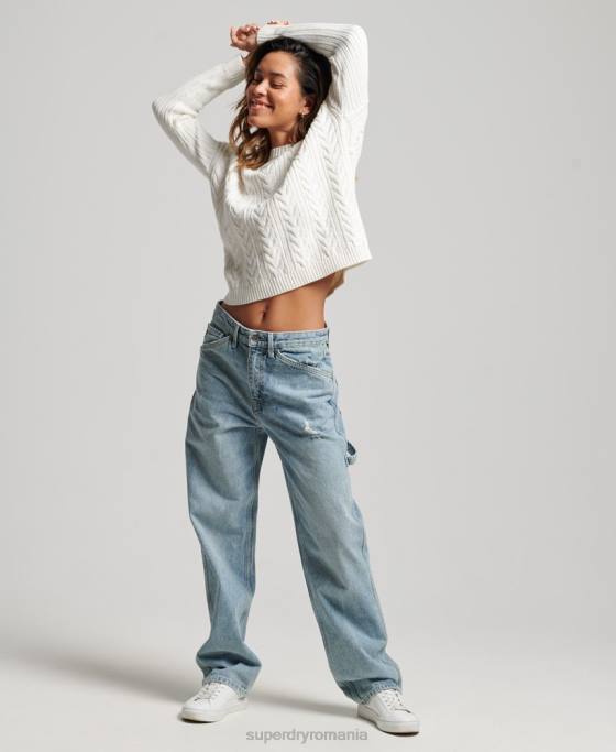 Superdry pulover cu umăr căzut tricot cu cablu cu gâtul opus îmbrăcăminte alb femei JX0Z3959