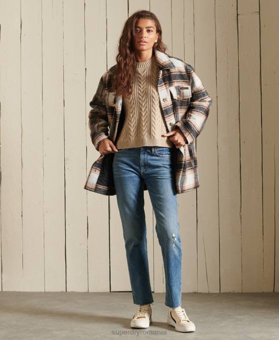 Superdry pulover cu umăr căzut tricot cu cablu cu gâtul opus îmbrăcăminte bej femei JX0Z4026