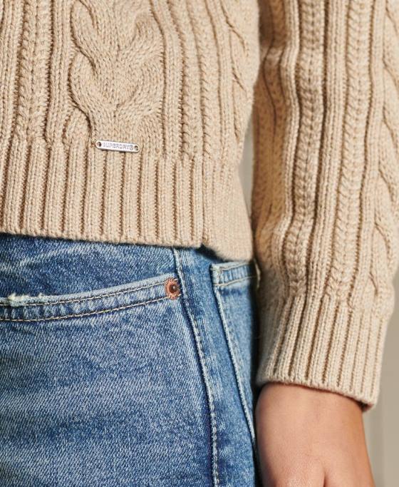 Superdry pulover cu umăr căzut tricot cu cablu cu gâtul opus îmbrăcăminte bej femei JX0Z4026