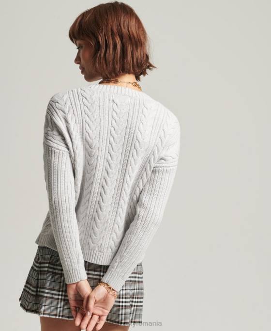 Superdry pulover cu umăr căzut tricot cu cablu cu gâtul opus îmbrăcăminte gri deschis femei JX0Z4024