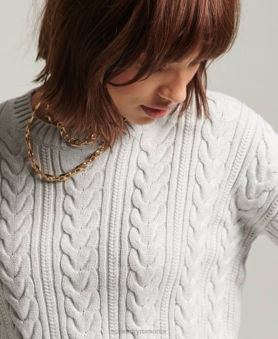Superdry pulover cu umăr căzut tricot cu cablu cu gâtul opus îmbrăcăminte gri deschis femei JX0Z4024