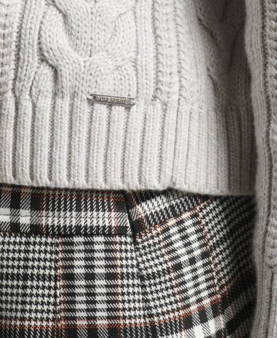 Superdry pulover cu umăr căzut tricot cu cablu cu gâtul opus îmbrăcăminte gri deschis femei JX0Z4024