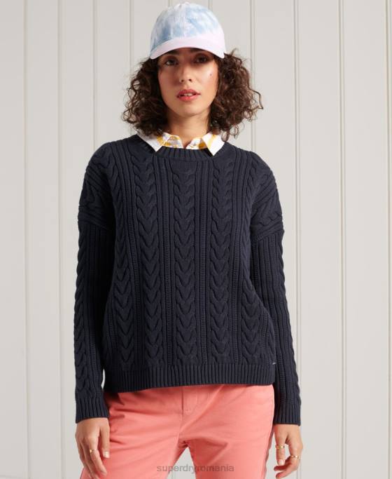 Superdry pulover cu umăr căzut tricot cu cablu cu gâtul opus îmbrăcăminte marina femei JX0Z4028