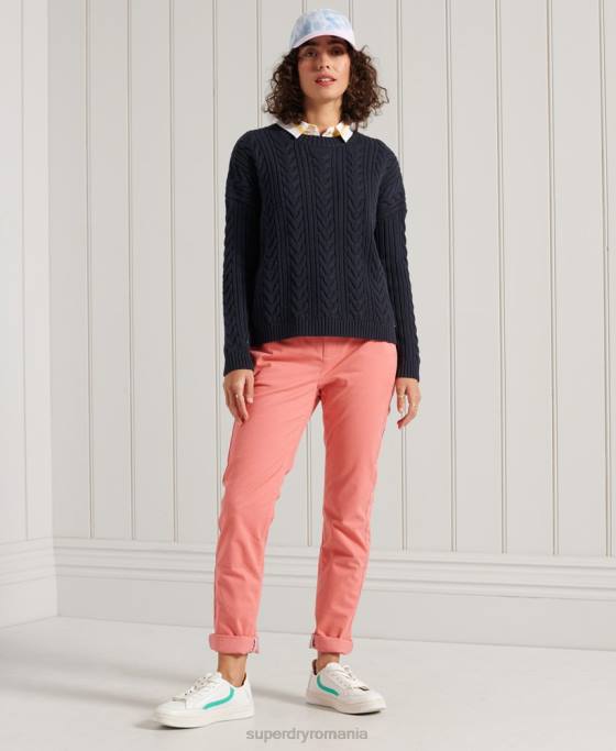 Superdry pulover cu umăr căzut tricot cu cablu cu gâtul opus îmbrăcăminte marina femei JX0Z4028