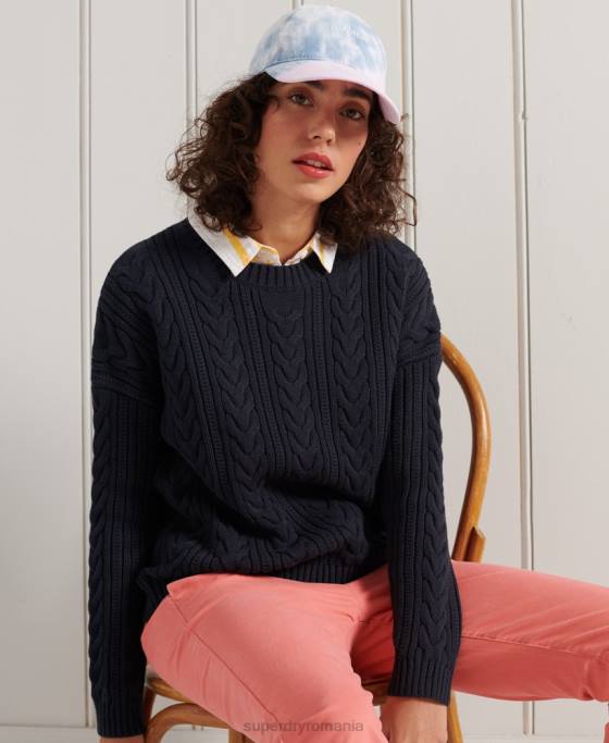 Superdry pulover cu umăr căzut tricot cu cablu cu gâtul opus îmbrăcăminte marina femei JX0Z4028
