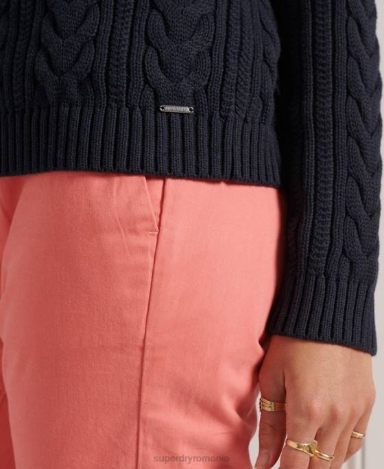 Superdry pulover cu umăr căzut tricot cu cablu cu gâtul opus îmbrăcăminte marina femei JX0Z4028
