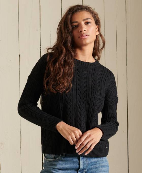 Superdry pulover cu umăr căzut tricot cu cablu cu gâtul opus îmbrăcăminte negru femei JX0Z3995