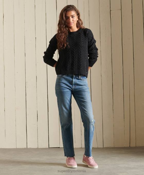 Superdry pulover cu umăr căzut tricot cu cablu cu gâtul opus îmbrăcăminte negru femei JX0Z3995