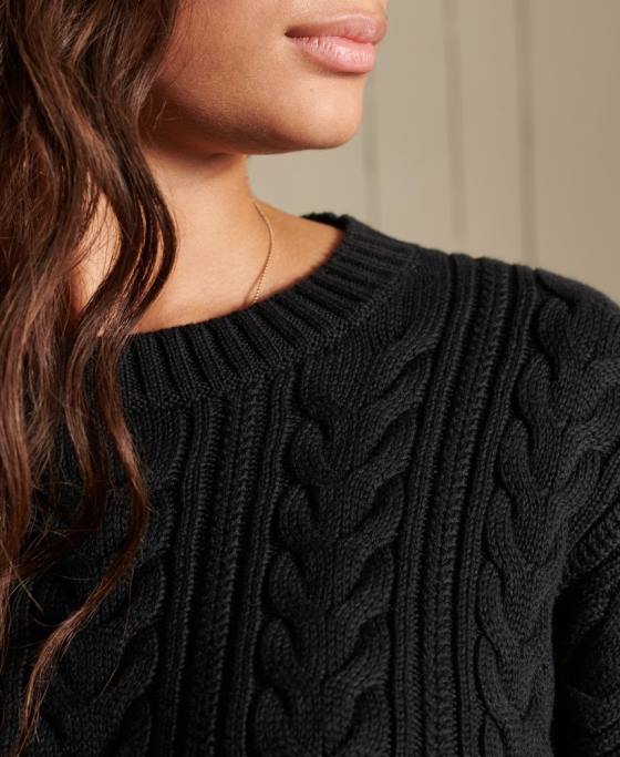 Superdry pulover cu umăr căzut tricot cu cablu cu gâtul opus îmbrăcăminte negru femei JX0Z3995
