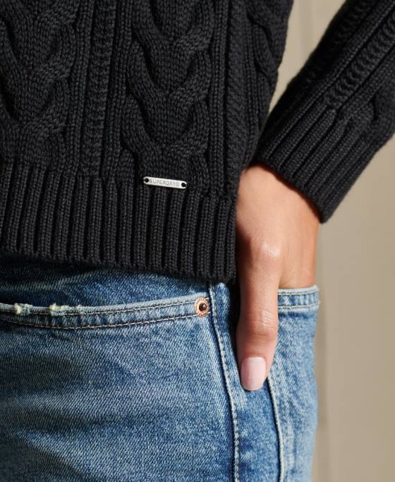Superdry pulover cu umăr căzut tricot cu cablu cu gâtul opus îmbrăcăminte negru femei JX0Z3995
