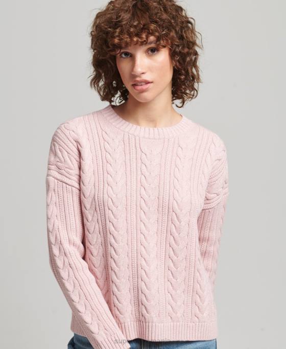Superdry pulover cu umăr căzut tricot cu cablu cu gâtul opus îmbrăcăminte roz femei JX0Z3970