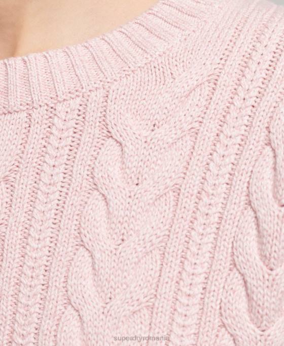 Superdry pulover cu umăr căzut tricot cu cablu cu gâtul opus îmbrăcăminte roz femei JX0Z3970