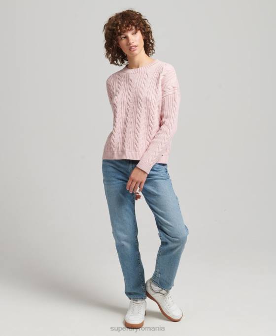 Superdry pulover cu umăr căzut tricot cu cablu cu gâtul opus îmbrăcăminte roz femei JX0Z3970