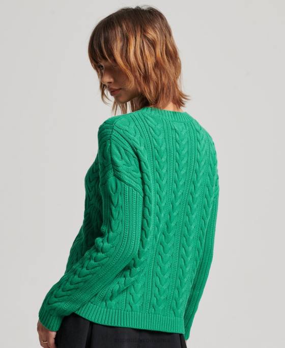 Superdry pulover cu umăr căzut tricot cu cablu cu gâtul opus îmbrăcăminte verde femei JX0Z3993