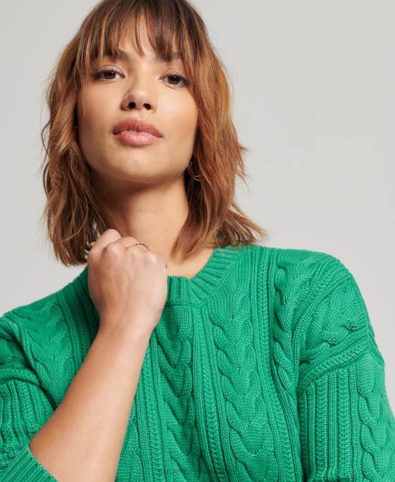 Superdry pulover cu umăr căzut tricot cu cablu cu gâtul opus îmbrăcăminte verde femei JX0Z3993