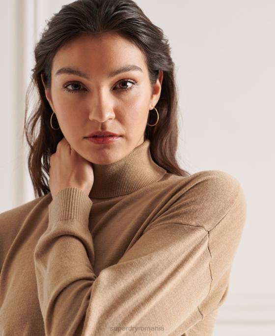 Superdry pulover din merino cu umăr căzut cu gât rulat îmbrăcăminte bej femei JX0Z6652