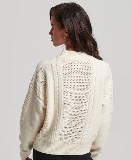 Superdry pulover din tricot cu cablu cu decolteu îmbrăcăminte alb femei JX0Z6535